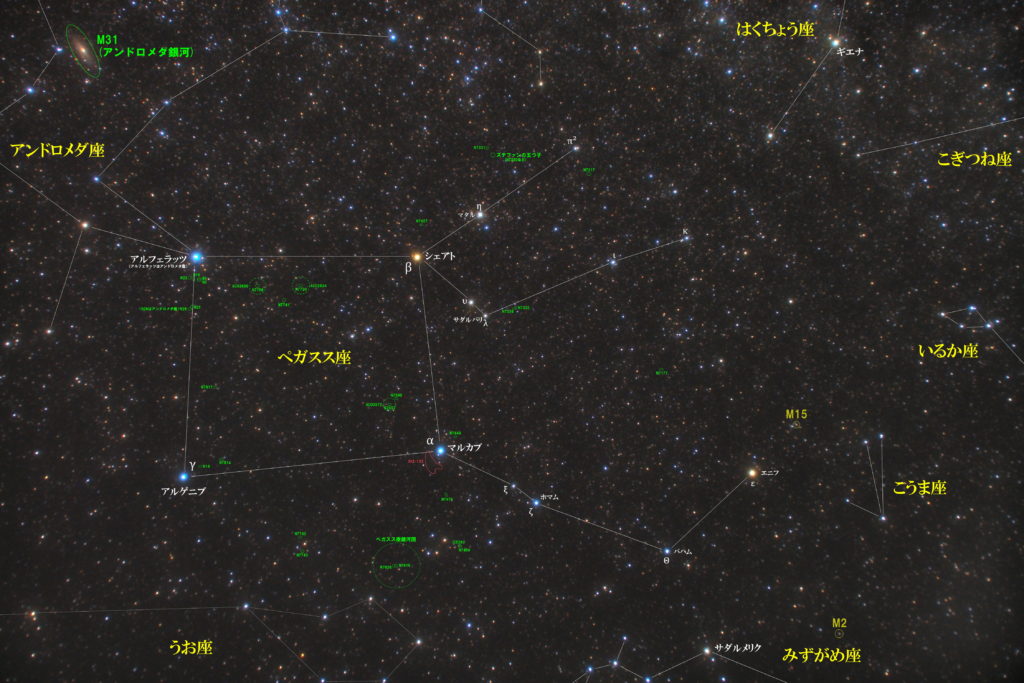 一眼レフカメラとズームレンズで撮影したペガスス座（ペガサス座）の天体の位置がわかる写真星図です。メシエはM15の球状星団。散光星雲はSh2-122。銀河のステファンの五つ子やNGC7479｜NGC7469-IC5283｜NGC14（不規則銀河）｜NGC7742（セイファート銀河）｜NGC7814｜NGC7817｜NGC7741｜NGC23｜NGC7217｜NGC7331（C30）銀河群が魅力的でおすすめです。