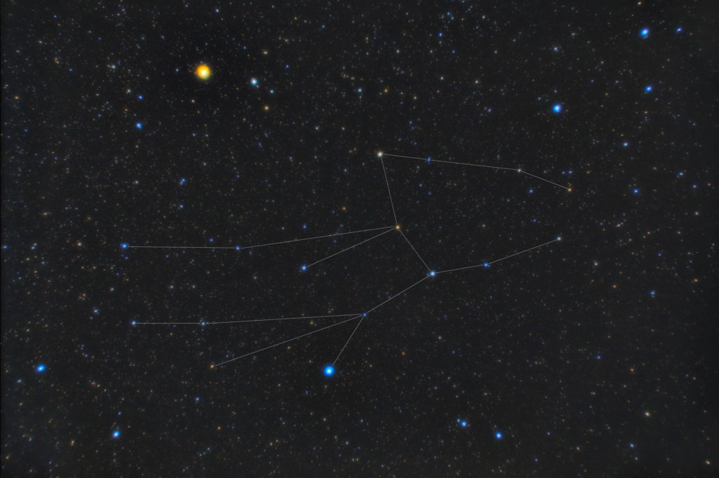 一眼カメラで撮影したおとめ座（乙女座）の星座線入り星野写真（星空写真）です。撮影日時は2019年04月04日00時32分45秒から。