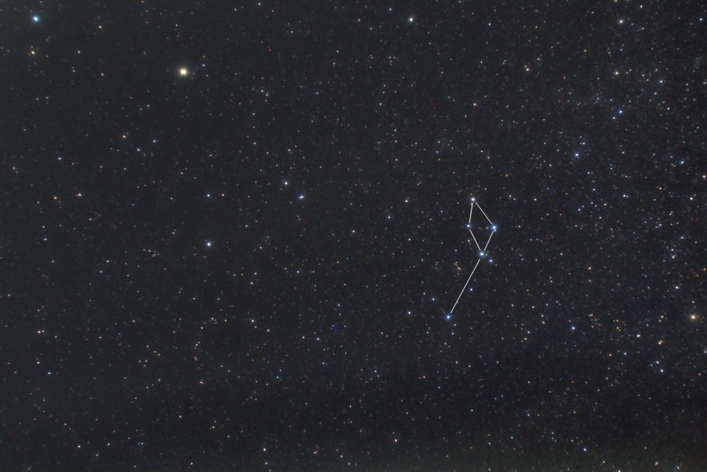 一眼レフカメラとズームレンズで撮影した海豚座（いるか座）の星座線入り星野写真（星空写真）です。撮影日時は2018年11月06日20時11分22秒から。