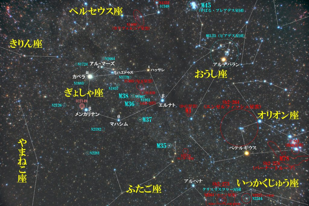 ぎょしゃ座（馭者座）付近の星図写真です。メシエは散開星団のM36、M37、M38。IC405（勾玉星雲）やIC410が有名。その他NGCやICなどの位置と周辺のメジャーな天体。