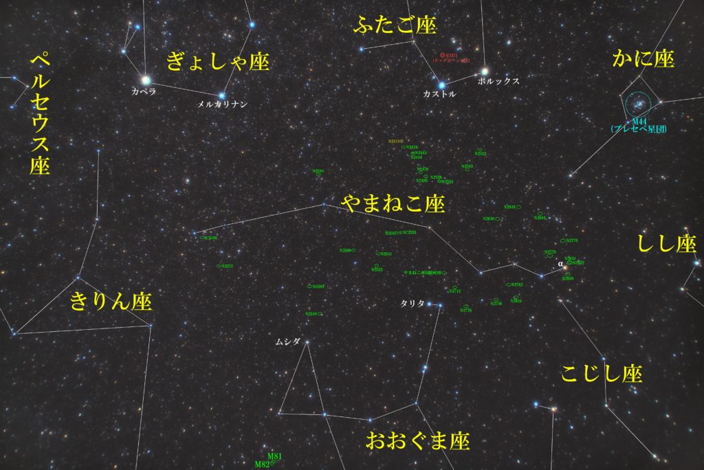 やまねこ座（山猫座）付近の写真星図です。メシエ天体はなし。やまねこ座E銀河団、惑星状星雲2419、その他NGCとIC天体の銀河ばかりですね。