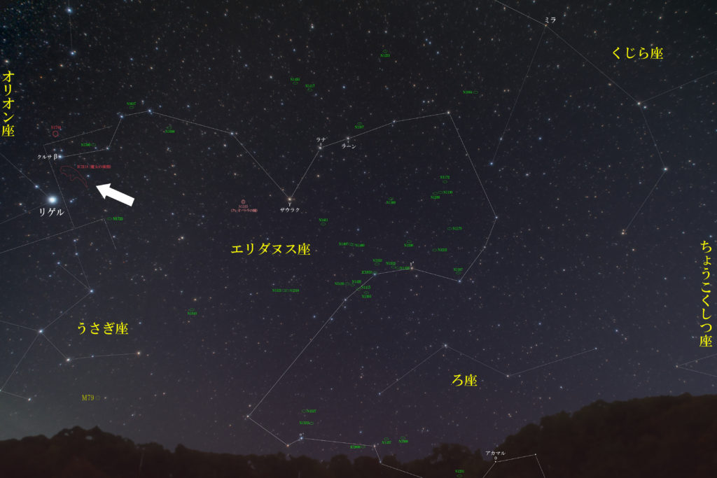 魔女の横顔星雲（IC2118/NGC1909）の位置とエリダヌス座付近の天体がわかる写真星図です。β星クルサとオリオン座のリゲルの間にあります。