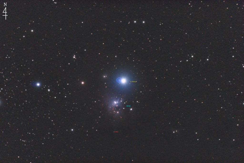 この天体写真は2021年10月15日に撮影したペルセウス座にあるIC348（散開星団）＋IC1985（反射星雲）です。焦点距離は1422mm。