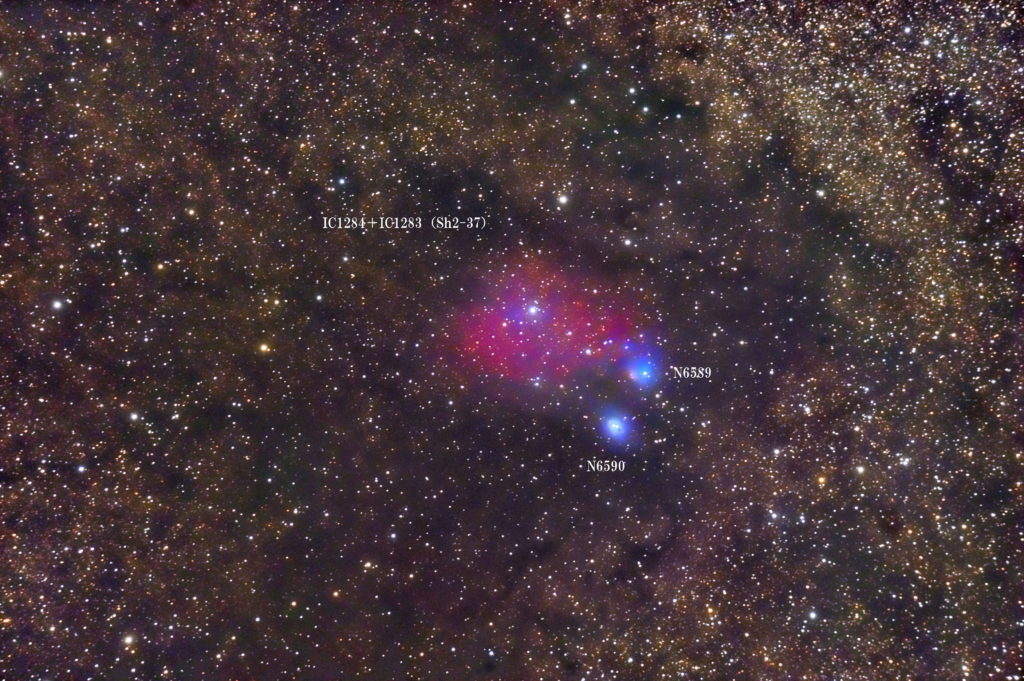 この天体写真は2020年05月29日に撮影した「いて座」にある「バンビの首飾り」です。Sh2-37（IC1284＋IC1283）とNGC6589とNGC6590で構成されている散光星雲と散開星団です。焦点距離は1190mm。