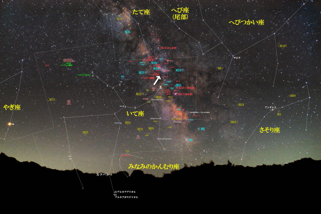 バンビの首飾り（IC1284付近）の位置と「いて座」付近の天体がわかる写真星図