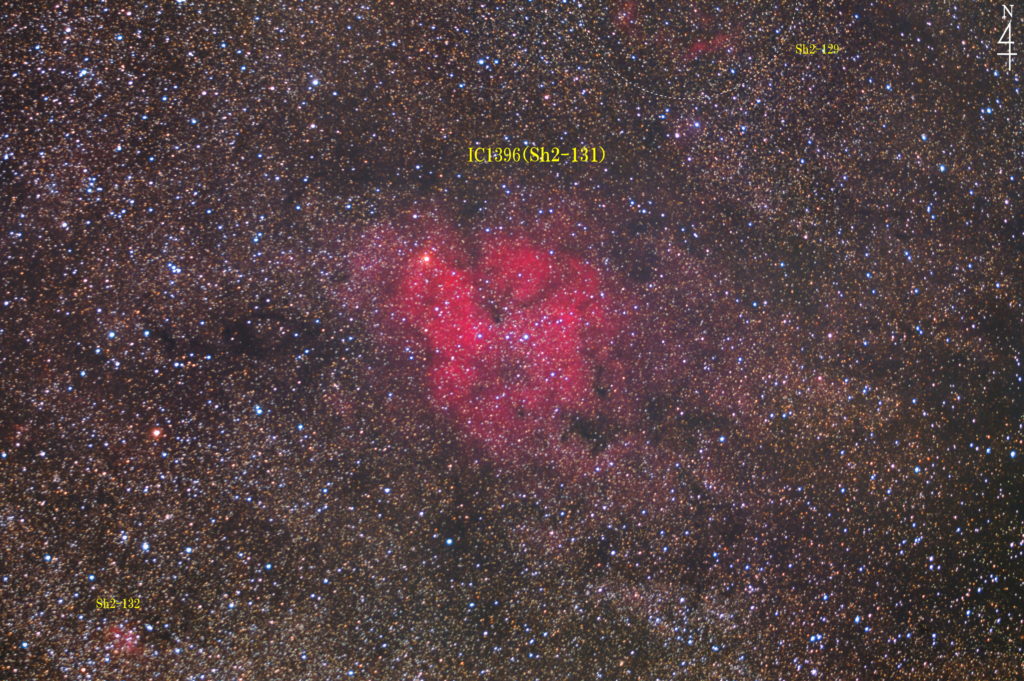 この天体写真は2020年09月15日に撮影した「ケフェウス座」にあるIC1396（Sh2-131）と言う散光星雲＋散開星団です。焦点距離は174mm。