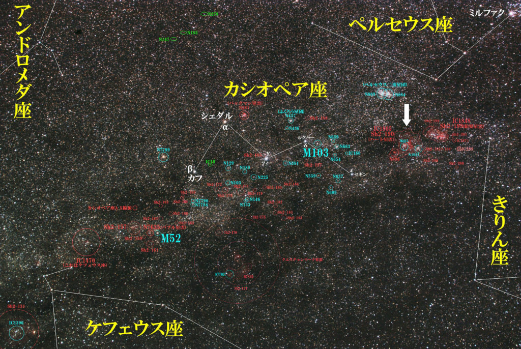 ハート星雲（IC1805/Sh2-190）の位置とカシオペア座付近の天体がわかる写真星図