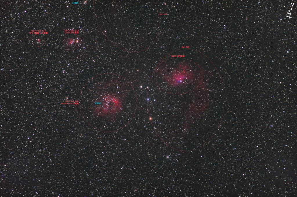 ぎょしゃ座にあるおたまじゃくし星雲（IC410/Sh2-236）と勾玉星雲（IC405/Sh2-229）とスパイダー星雲（IC417/Sh2-234）とフライ星雲（NGC1931/Sh2-237）の位置がわかる写真星図。焦点距離は330㎜。