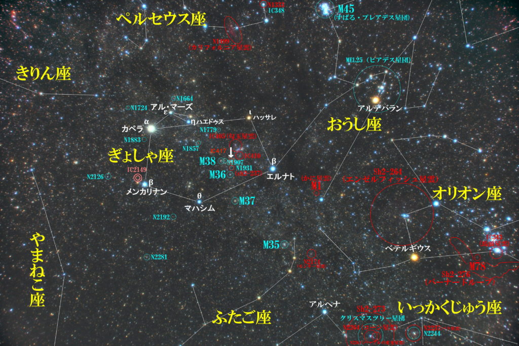 スパイダー星雲（IC417/Sh2-234）の位置と「ぎょしゃ座」付近の天体がわかる写真星図