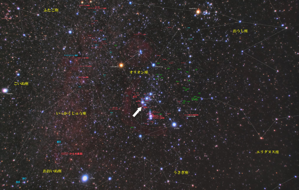 馬頭星雲（IC434）の位置とオリオン座付近の天体がわかる写真星図