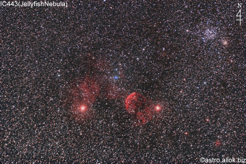 この天体写真は2022年11月03日に撮影した「ふたご座」にあるくらげ星雲（IC443/Sh2-248）と言う超新星残骸です。焦点距離は338mm。