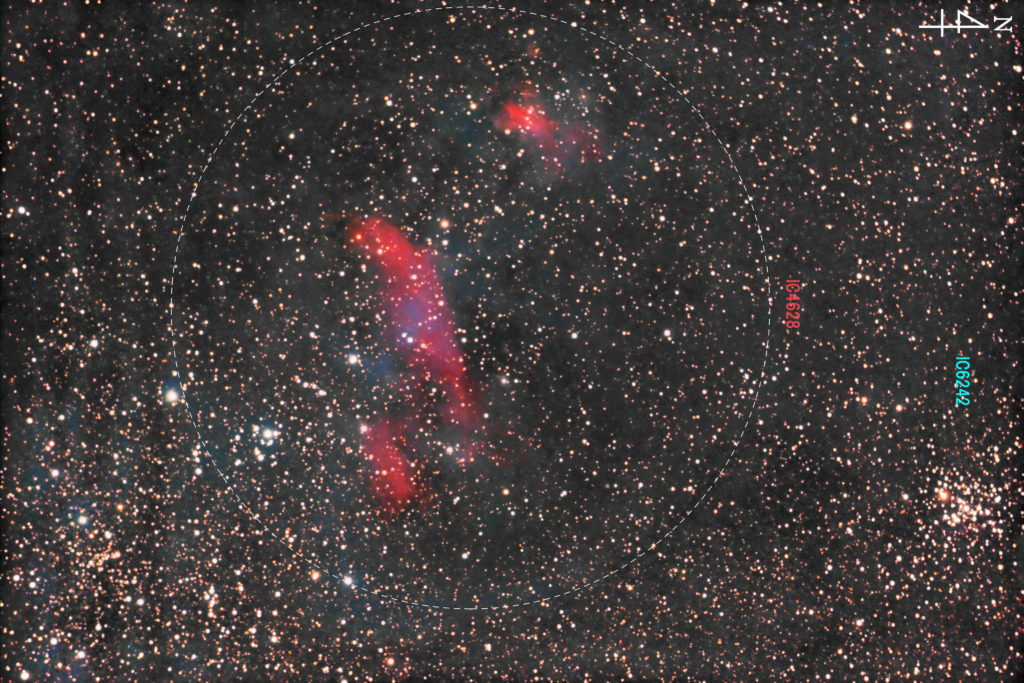 さそり座の散光星雲IC4628（えび星雲）と散開星団IC6242の位置がわかる写真星図です。