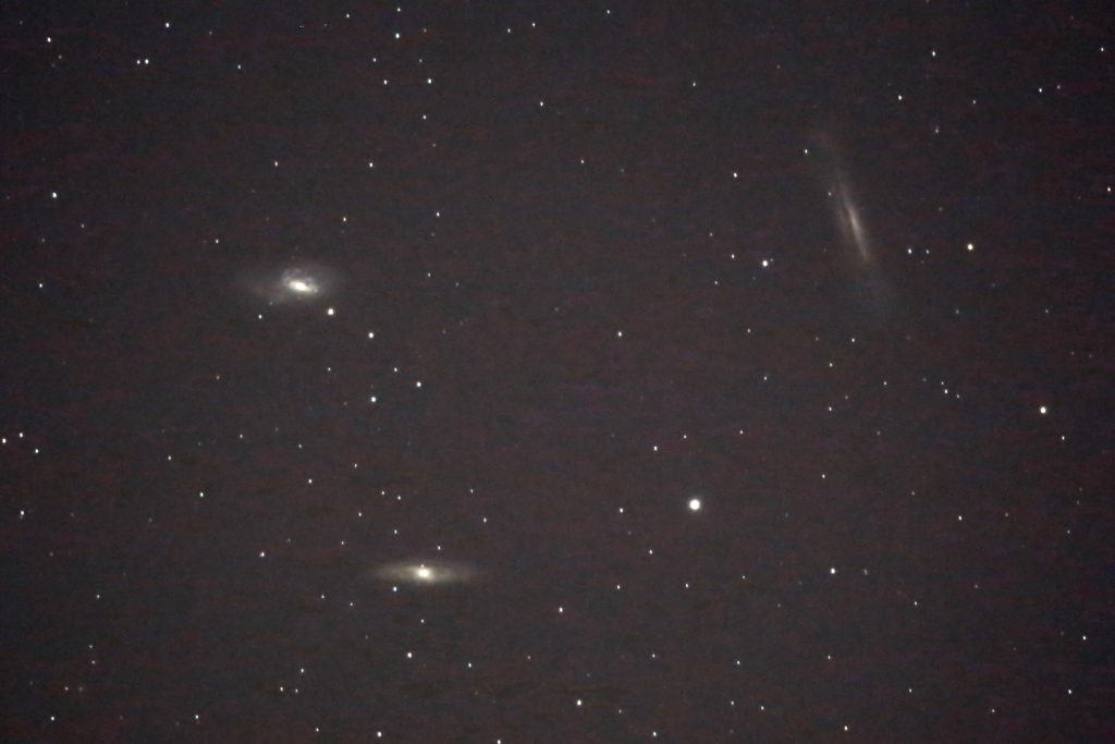 2017年01月04日（時間は不明）にミードの15.2cm反射望遠鏡LXD55とCANONの一眼レフカメラEOS KISS X7iでISO6400/露出45秒で撮影して7枚を加算平均コンポジットしたフルサイズ換算約1700mmのしし座の三つ子銀河（M66＋M65/NGC3628）の天体写真です。