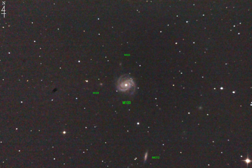 この天体写真は2017年05月01日に撮影した「かみのけ座」にあるM100（メシエ100）と言う渦巻銀河です。焦点距離は1960mm。