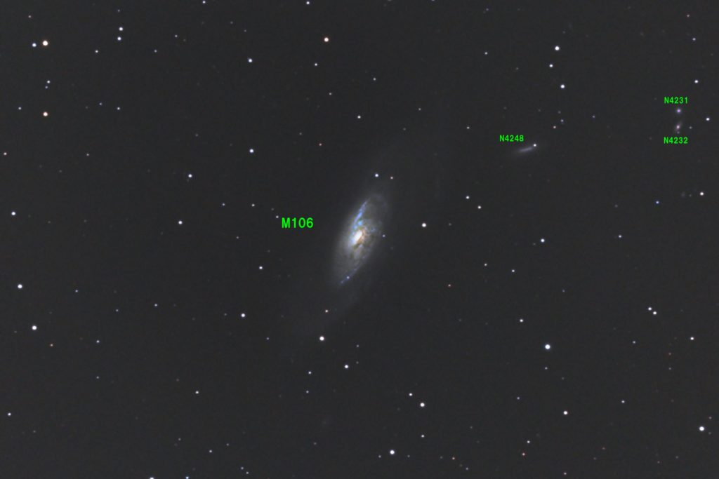 この天体写真は2018年05月14日に撮影した「りょうけん座」にあるM106（メシエ106）と言う渦巻銀河です。焦点距離は2456mm。中央にメシエ106、右上にNGC4248、NGC4231、NGC4232があります。