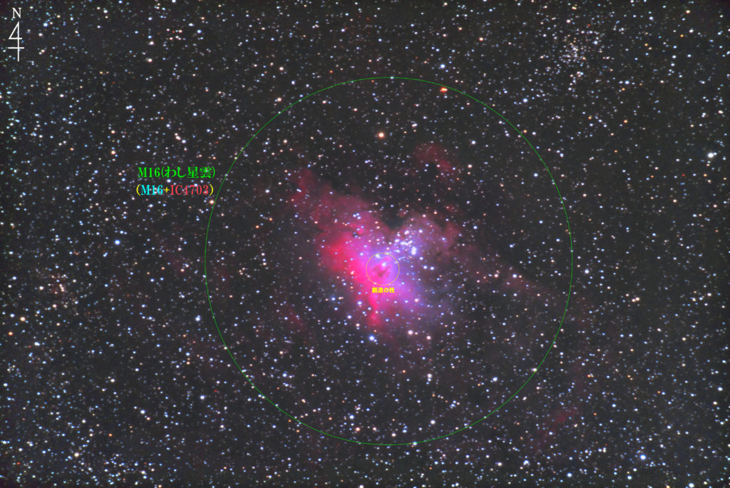 わし星雲（M16/メシエ16）のフルサイズ換算約1243mmの写真星図です。中央の暗黒帯が創造の柱で星雲はIC4704、重なるようにある散開星団がM16（NGC6611）で合わせて「わし星雲」となっています。