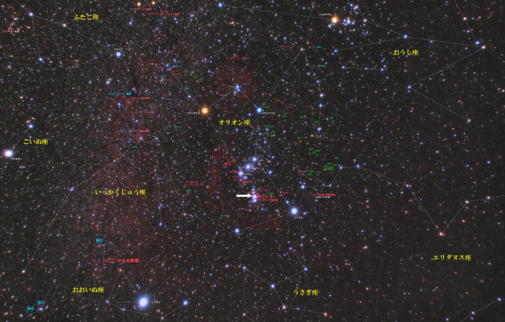 一眼レフとカメラレンズで撮影したM43の位置とオリオン座周辺の天体がわかる写真星図です。
