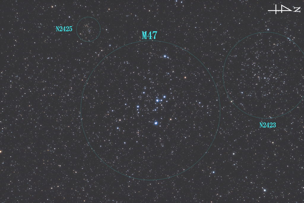 この天体写真は2017年10月27日に撮影した「とも座」にあるM47（メシエ47）と言う散開星団です。焦点距離は1166mm。 左上にNGC2425、右にNGC2423があります。