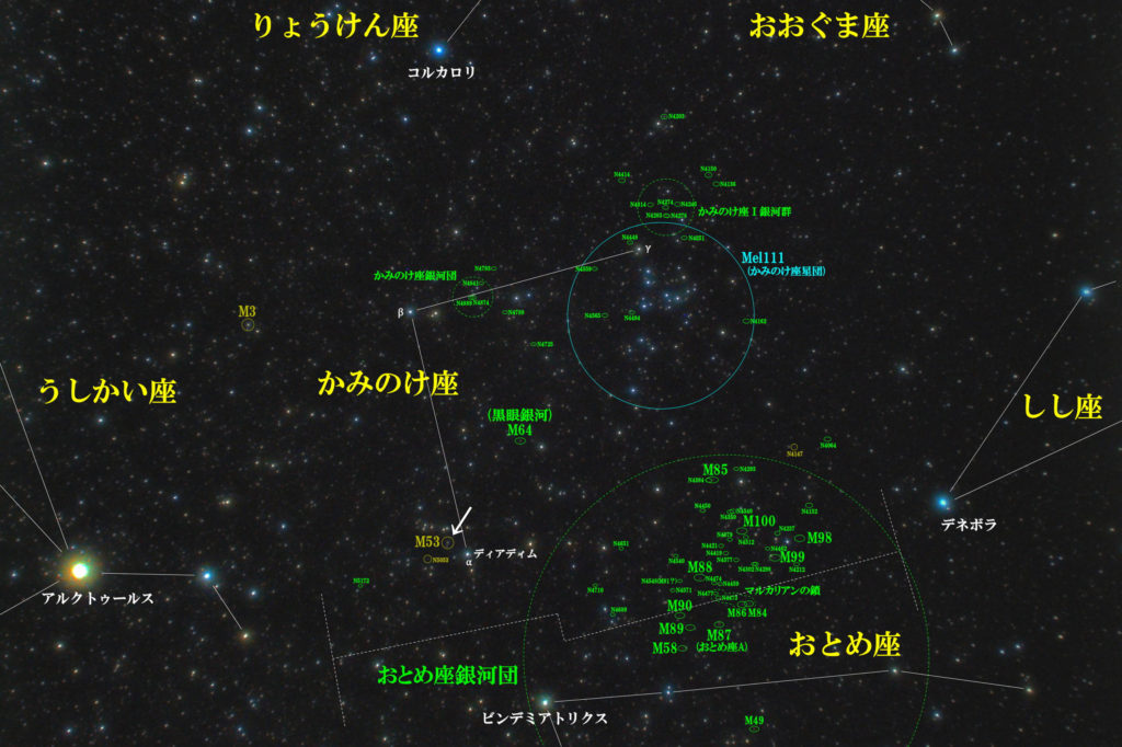 一眼レフとカメラレンズで撮影したM53の位置と髪座（かみのけ座）周辺の天体がわかる写真星図を撮りました。