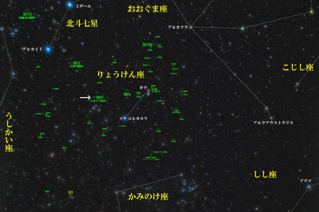 一眼レフとカメラレンズで撮影したM63（ひまわり銀河）の位置と猟犬座（りょうけん座）周辺の天体がわかる写真星図を撮りました。