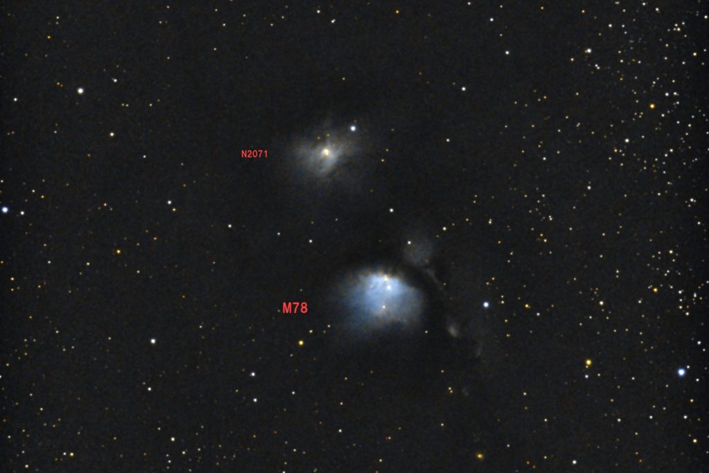 この天体写真は2017年10月27日に撮影したオリオン座にあるウルトラマン星雲（M78/メシエ78）と言う反射星雲です。上に映っている反射星雲はNGC2071です。焦点距離は1744mm。