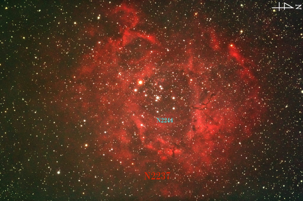 この天体写真は2017年09月26日に撮影した「いっかくじゅう座」にあるバラ星雲（NGC2237/Sh2-275）と言う散開星団です。焦点距離は1170mm。