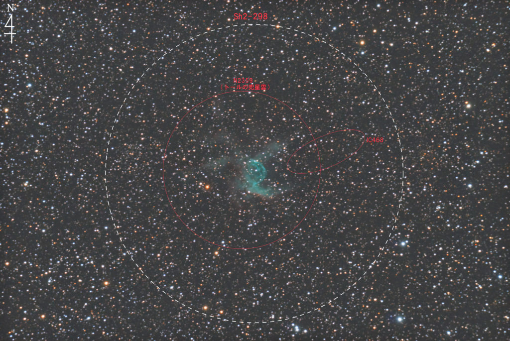 トールの兜星雲（NGC2359/Sh2-298）を示した写真星図。NGC2359とIC468を合わせてSh2-298となっている。焦点距離は1157mm。