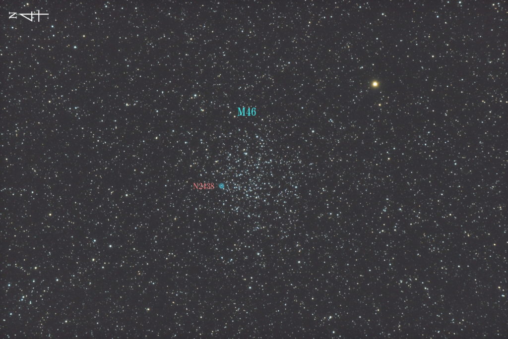 この天体写真は‎2017年10月27日に撮影した「とも座」にあるM46（メシエ46）と言う散開星団です。焦点距離は1158mm。星団の中に惑星状星雲のNGC2438があります。