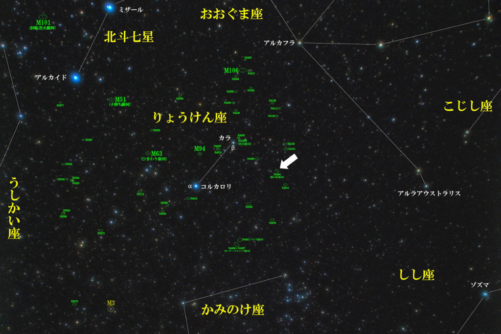 銀の針銀河（NGC4244）の位置と「りょうけん座」付近の天体がわかる写真星図
