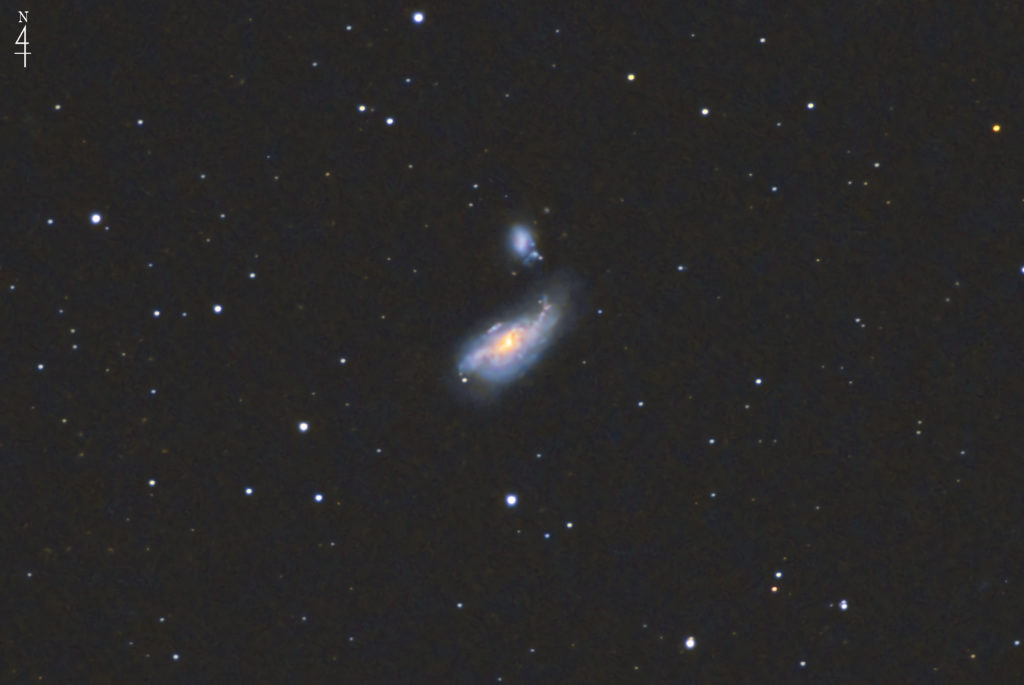 この棒渦巻銀河の天体写真は2022年04月04日20時07分42秒から撮影した「りょうけん座」にある「まゆ星雲（NGC4490）」と言う天体です。上部には伴銀河であるNGC4485（不規則銀河）が写っています。使用機材はミード「LXD-55」（口径15cm/F5/シュミットニュートン式反射望遠鏡）と一眼レフカメラのリコー「PENTAX KP」及びKenko「スターリーナイトフィルター」。ISO25600/F5/露出30秒/119枚加算平均コンポジット。焦点距離はフルサイズ換算約3445mmです。
