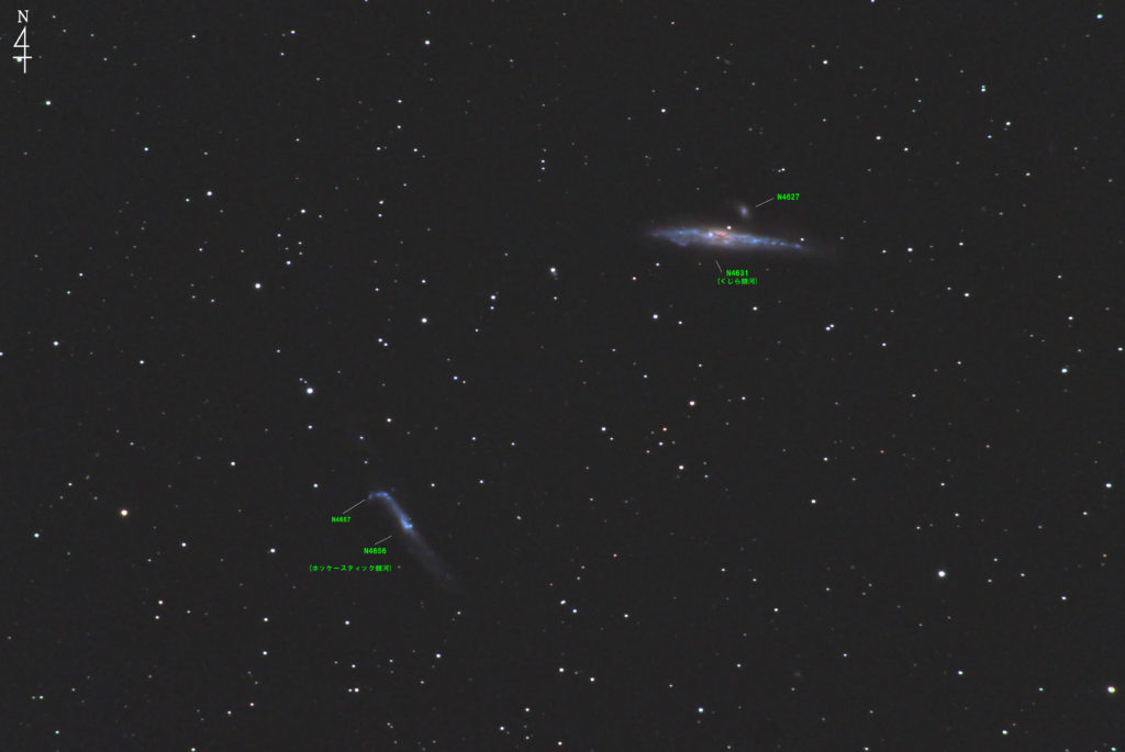 くじら銀河（NGC4631）とホッケースティック銀河（NGC4656＋NGC4657）の位置がわかる写真星図です。焦点距離は1421mm。