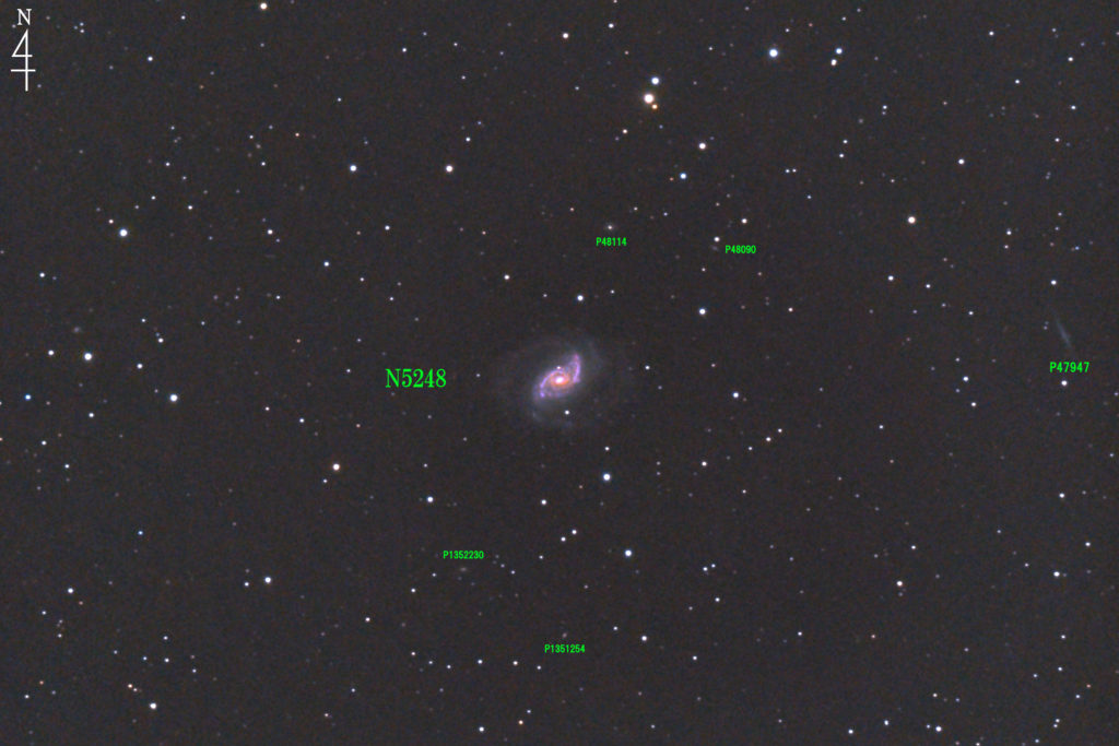 この天体写真は2020年04月25日に撮影した「うしかい座」にあるNGC5248と言う渦巻銀河です。焦点距離は2056mm。