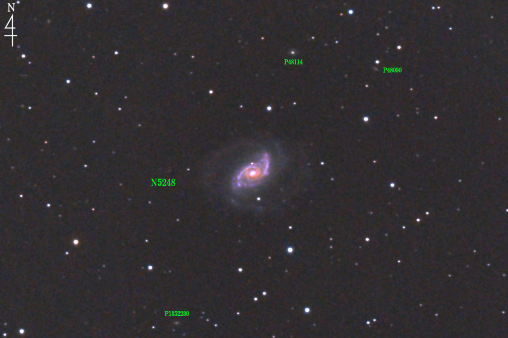 この天体写真は2020年04月25日に撮影した「うしかい座」にあるNGC5248と言う渦巻銀河です。焦点距離は3587mm。