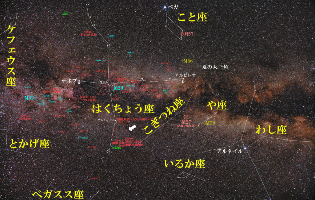 NGC6960（魔女のほうき/網状星雲西側）の位置と「はくちょう座」付近の天体がわかる写真星図