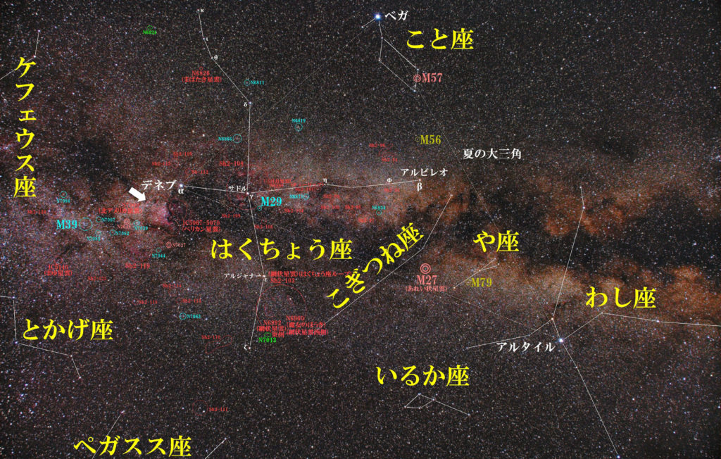 北アメリカ星雲（NGC7000/Sh2-117）の位置と「はくちょう座」付近の天体がわかる写真星図