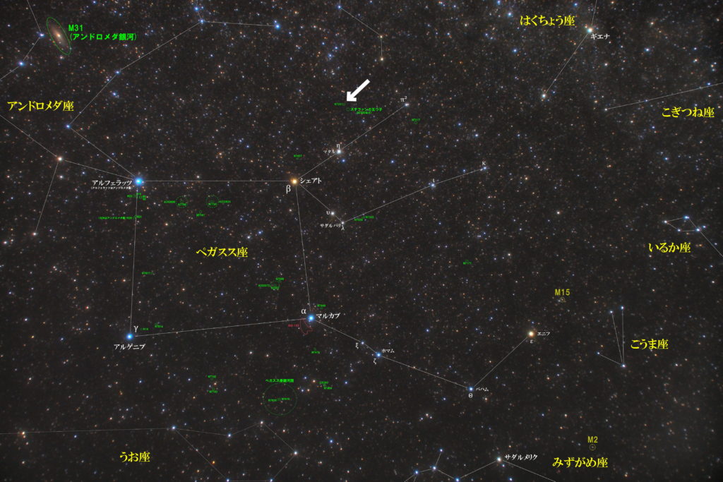 一眼レフカメラとズームレンズで撮影したNGC7331の位置とぺガスス座周辺の天体がわかる写真星図です。