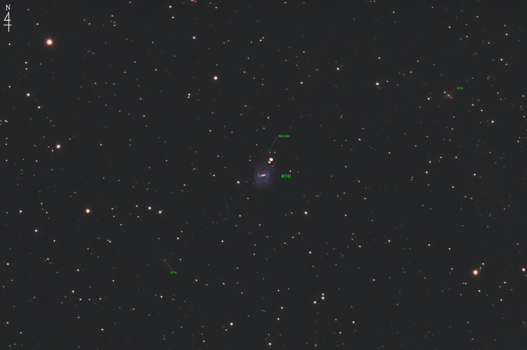 この天体写真は2020年09月14日に撮影したぺガスス座にあるNGC7741と言う棒渦巻銀河です。焦点距離は1964mm。
