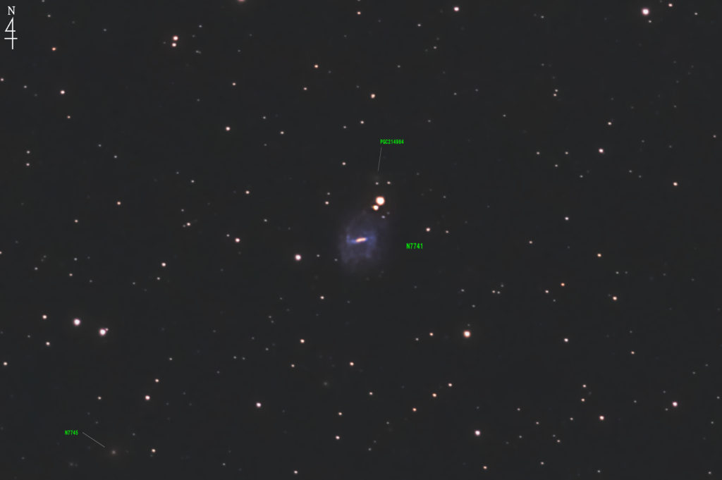 この天体写真は2020年09月14日に撮影したぺガスス座にあるNGC7741と言う棒渦巻銀河です。焦点距離は3581mm。