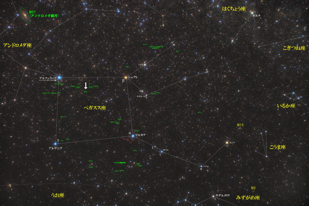 NGC7741の位置とぺガスス座付近の天体がわかる写真星図