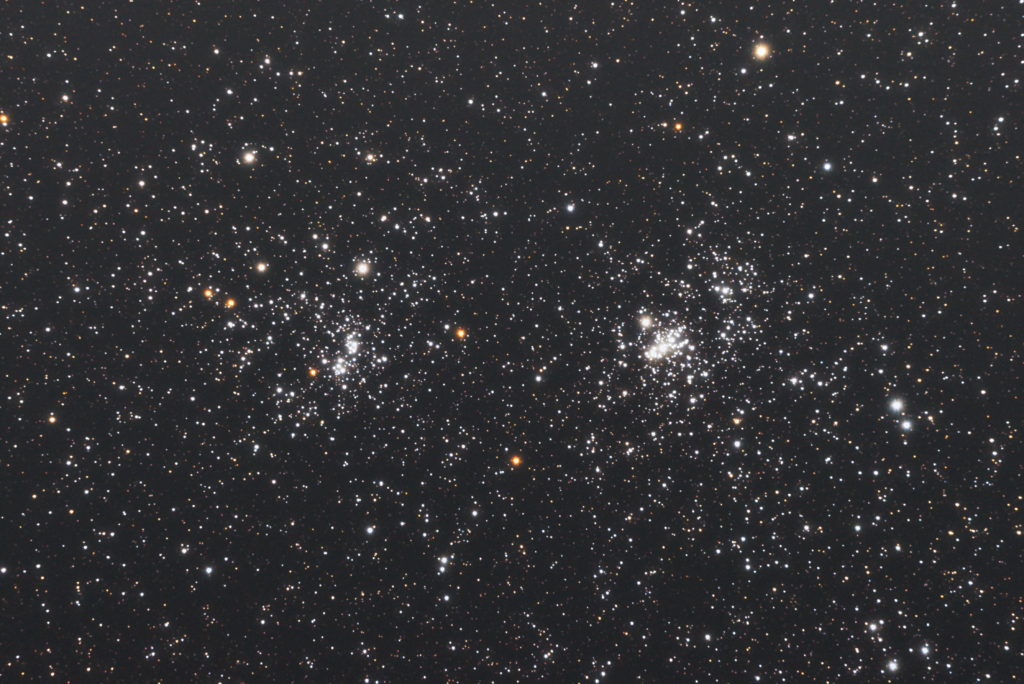 口径15.2cm反射望遠鏡（LXD-55）/F5/PENTAX-KP/ISO51200/カメラダーク/ソフトビニングフラット補正/露出10秒×27枚を加算平均コンポジットした2017年09月19日00時43分36秒から撮影したNGC869（左）とNGC884（右）「ペルセウス座二重星団」の天体写真です。