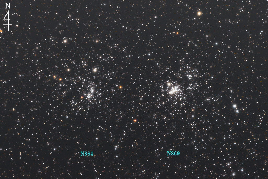 この天体写真は2017年09月19日に撮影したペルセウス座にある「ペルセウス二重星団」です。左がNGC884、右がNGC869です。2つの散開星団が並んでいます。焦点距離は1582mm。