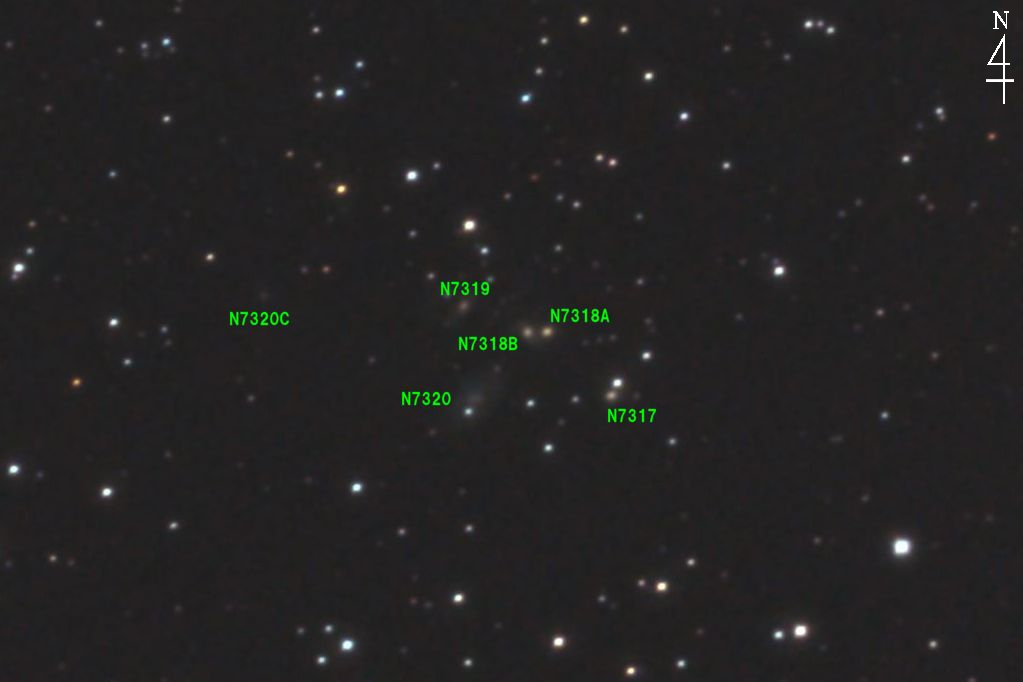この天体写真は2017年09月25日に撮影したぺガスス座にあるステファンの五つ子銀河（NGC7317＋NGC7318A＋NGC7318B＋NGC7320＋NGC7320C）と言う銀河群です。焦点距離は6721mm。