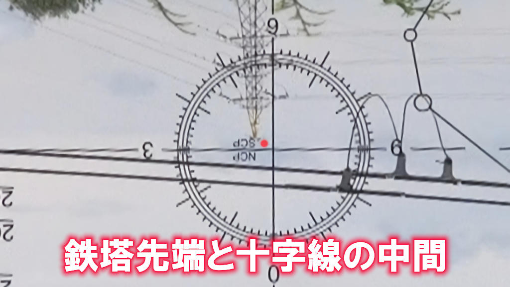 鉄塔の先端と十字線の中間を現した画像です。赤いポイントが中間位置です。