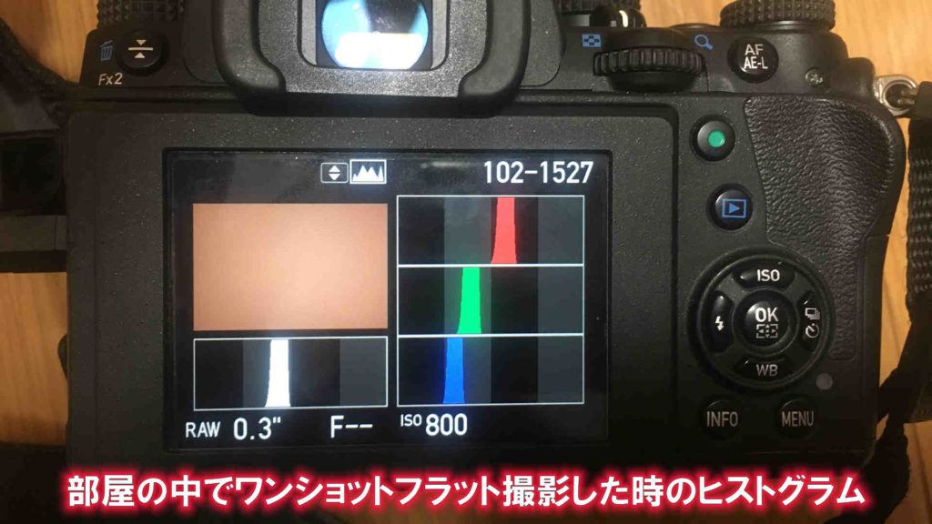 部屋の中でワンショットフラット撮影した時のヒストグラムはRGBがそれぞれはみ出ないように中央付近にあります。