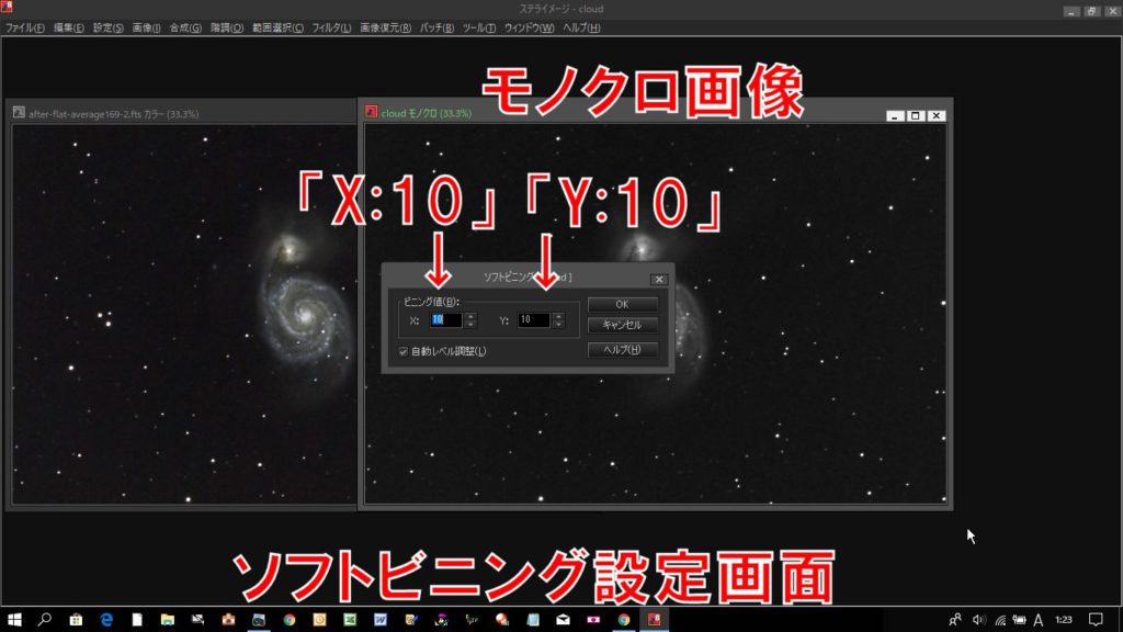 ソフトビニング設定画面で「X:10」「Y:10」と入力します。